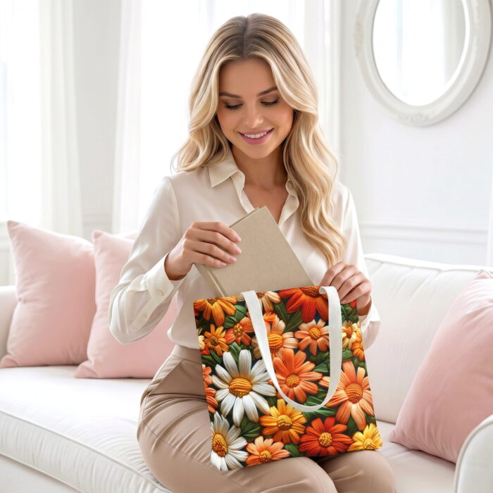 White Garden Floral Daisy Tote Bag – Textured Floral Print - Image 2