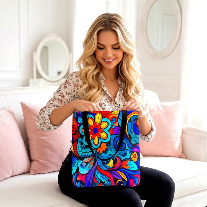 Vibrant Floral Doodle Canvas Tote Bag – Colorful Boho Print - Image 2