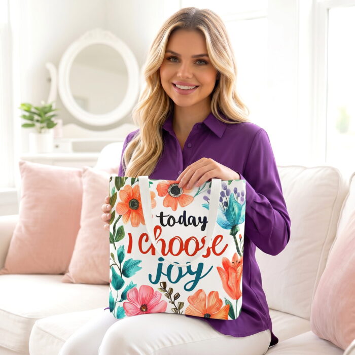 The_woman_from_reference_1_202606240047 Today I Choose Joy Floral Canvas Tote Bag – Inspirational Print - Image 1