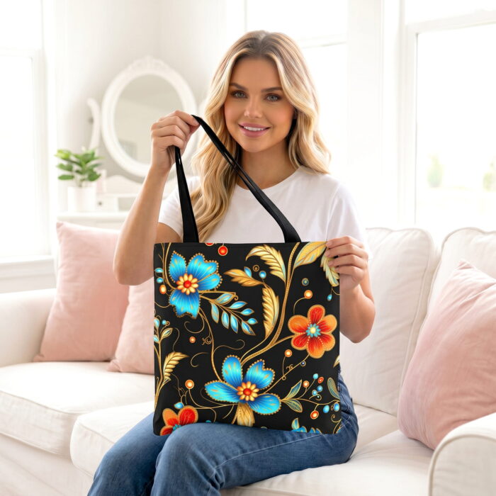 Jeweled Floral Black Canvas Tote Bag – Ornate Gold Design - Image 1