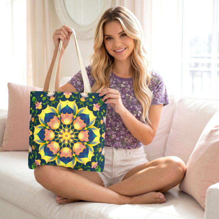 The_woman_from_the_first_202606212116 (1) Vibrant Yellow Floral Mandala Tote Bag – Boho Floral Print - Image 1