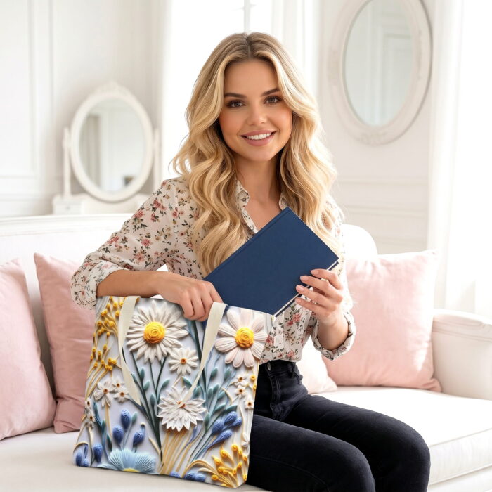Pastel Floral Art Daisy Canvas Tote Bag – Textured Floral Print - Image 3