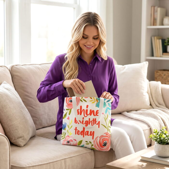 Shine Brightly Today Floral Canvas Tote Bag – Inspirational Print - Image 3
