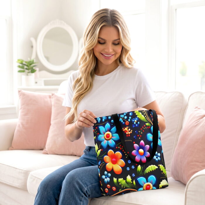 Floral Bright Folk Night Canvas Tote Bag – Ornate Enamel Print - Image 3