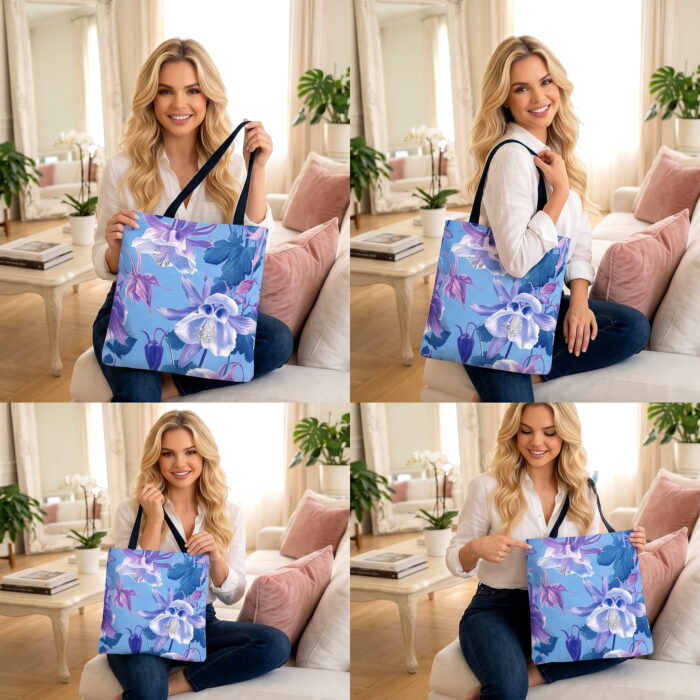 Sky Blue Floral Canvas Tote Bag – Botanical Design Print - Image 3