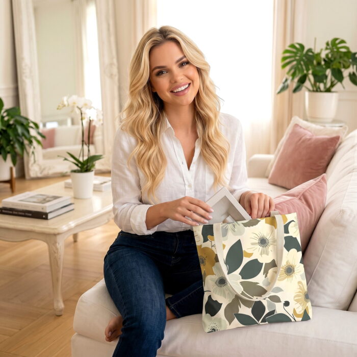 Earthy Mustard Floral Canvas Tote Bag – Neutral Botanical Print - Image 3