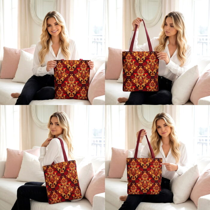 Burgundy Gold Damask Canvas Tote Bag – Ornate Baroque Print - Image 4