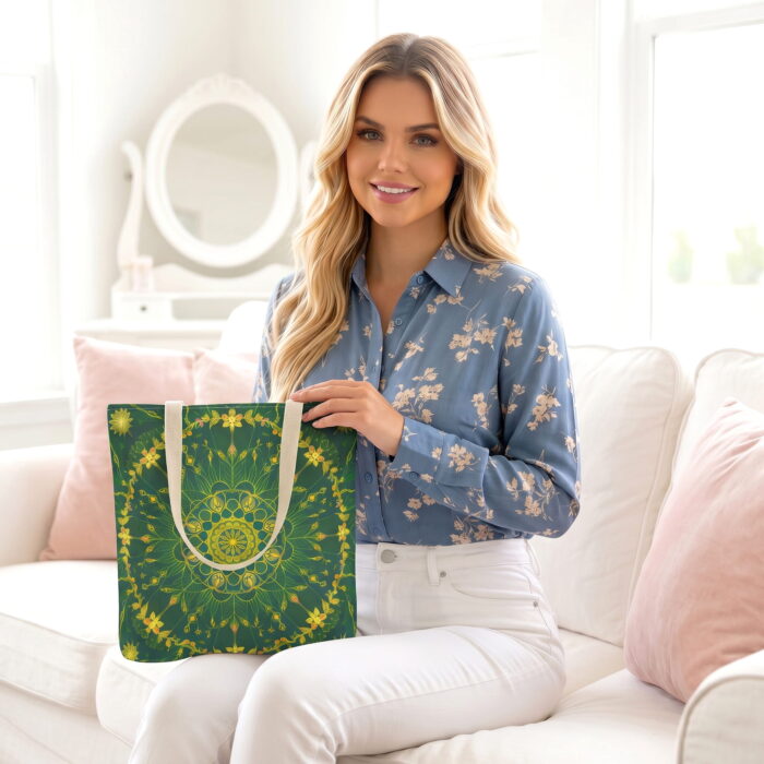 The_women_is_sitting_on_202606192007 Gold Green Mandala Canvas Tote Bag – Boho Floral Print - Image 1