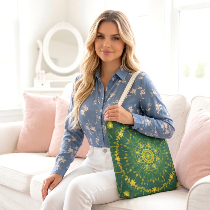 Gold Green Mandala Canvas Tote Bag – Boho Floral Print - Image 3