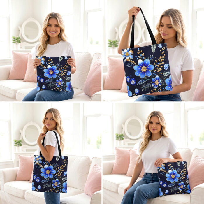 Floral Blue Gold Garden Canvas Tote Bag – Ornate Boho Design - Image 3