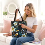 Elegant Blue Floral Noir Canvas Tote Bag – Gold Botanical Print