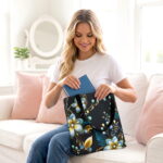 Elegant Blue Floral Noir Canvas Tote Bag – Gold Botanical Print - Image 3