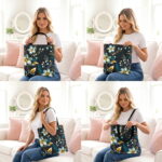 Elegant Blue Floral Noir Canvas Tote Bag – Gold Botanical Print - Image 6