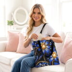 Decorative Floral Blue Canvas Tote Bag – Gold Flower Design