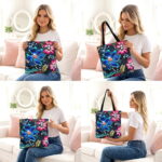 Vibrant Blue Pink Flower Canvas Tote Bag – Ornate Floral Print - Image 3