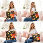 Floral Velvet Gold Black Canvas Tote Bag – Red Flower Print - Image 4