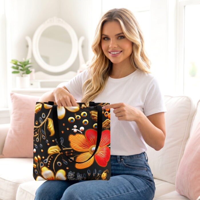 The_women_is_sitting_on_202606192258 (1) Floral Velvet Gold Black Canvas Tote Bag – Red Flower Print - Image 1