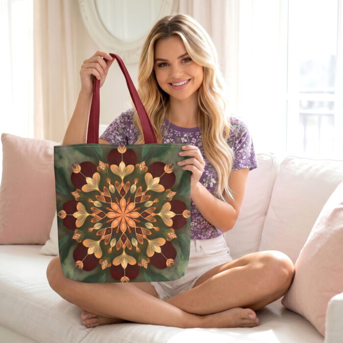 Young_woman_from_the_first_202606212039 (2) Autumn Green Floral Mandala Tote Bag – Burgundy Floral Print - Image 1